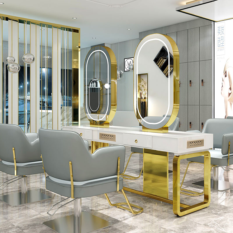 Salon Equipment And Furniture Double Sided Barber Stations Hair Styling Mirror Salon Barber Mirror Station With Lights