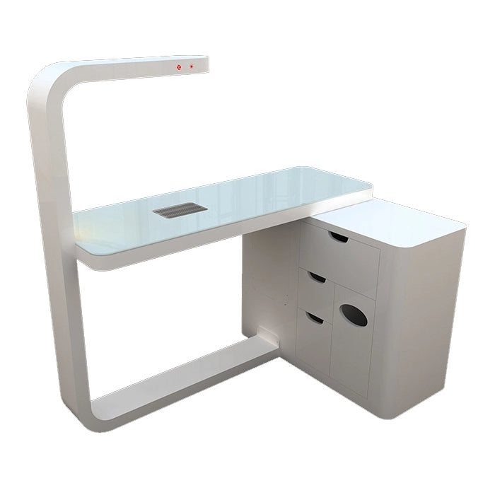 Cadiario Simple white manicure table with LED lights, extended lockers and vacuum cleaner