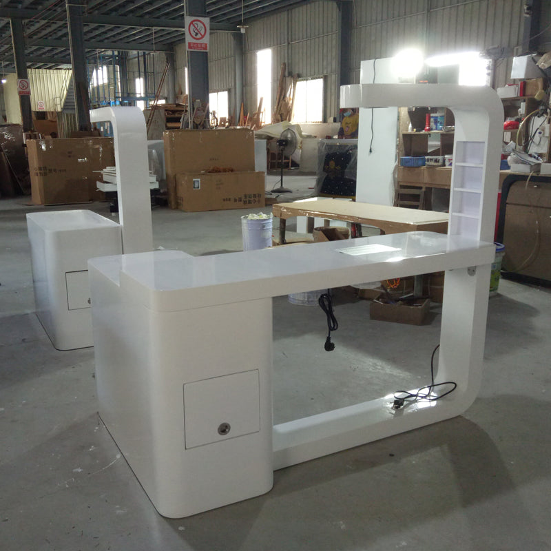 Cadiario Simple white manicure table with LED lights, extended lockers and vacuum cleaner