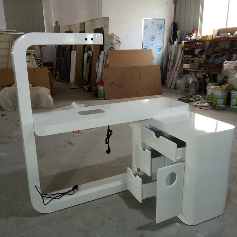 Cadiario Simple white manicure table with LED lights, extended lockers and vacuum cleaner