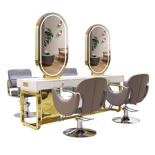 Salon Equipment And Furniture Double Sided Barber Stations Hair Styling Mirror Salon Barber Mirror Station With Lights