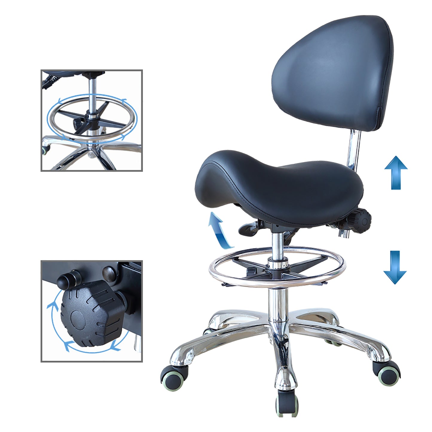 Saddle Stool Rolling Chair with Back Support Ergonomic Seat Hydraulic Adjustable with Footrest