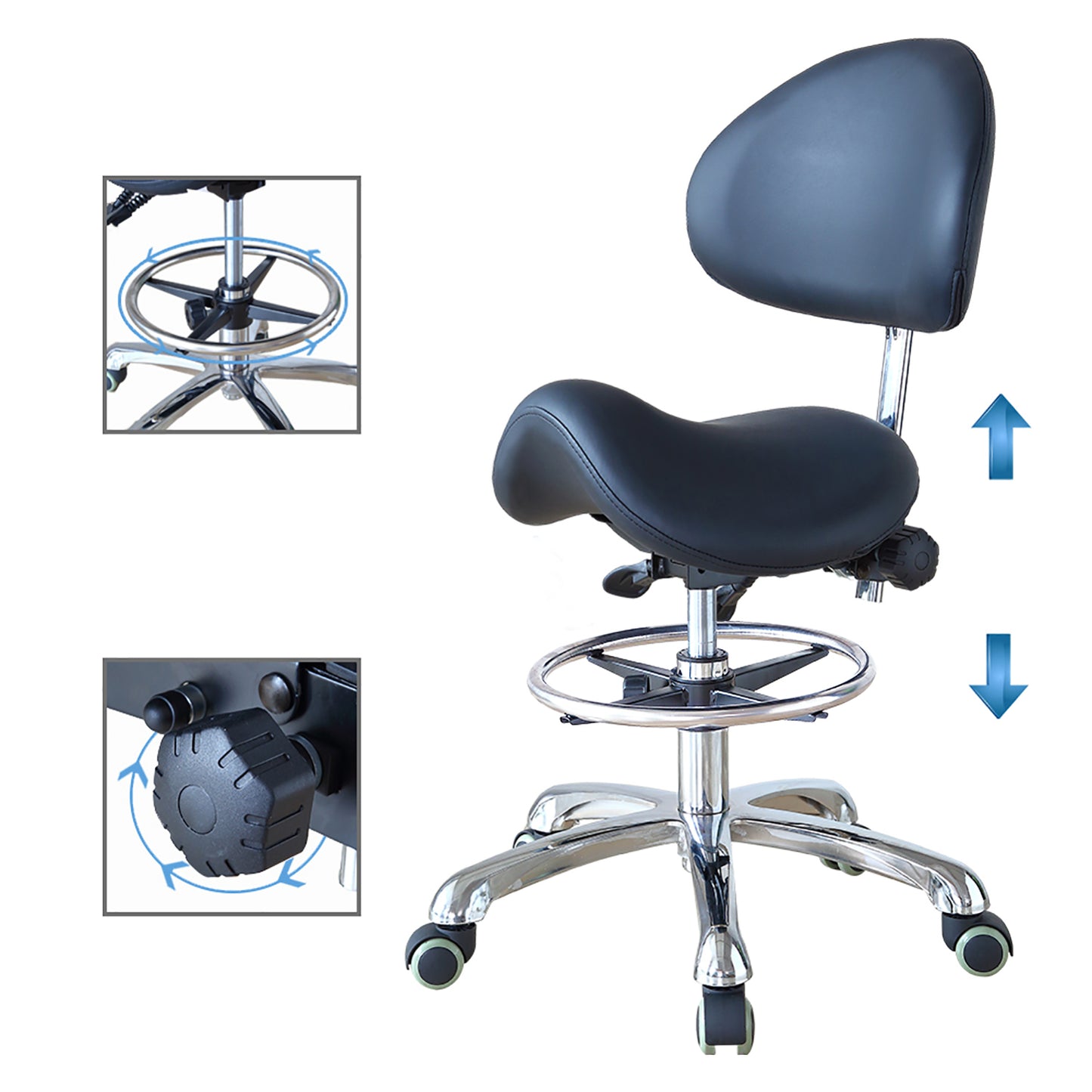 Saddle Stool Rolling Chair with Back Support Ergonomic Seat Hydraulic Adjustable with Footrest