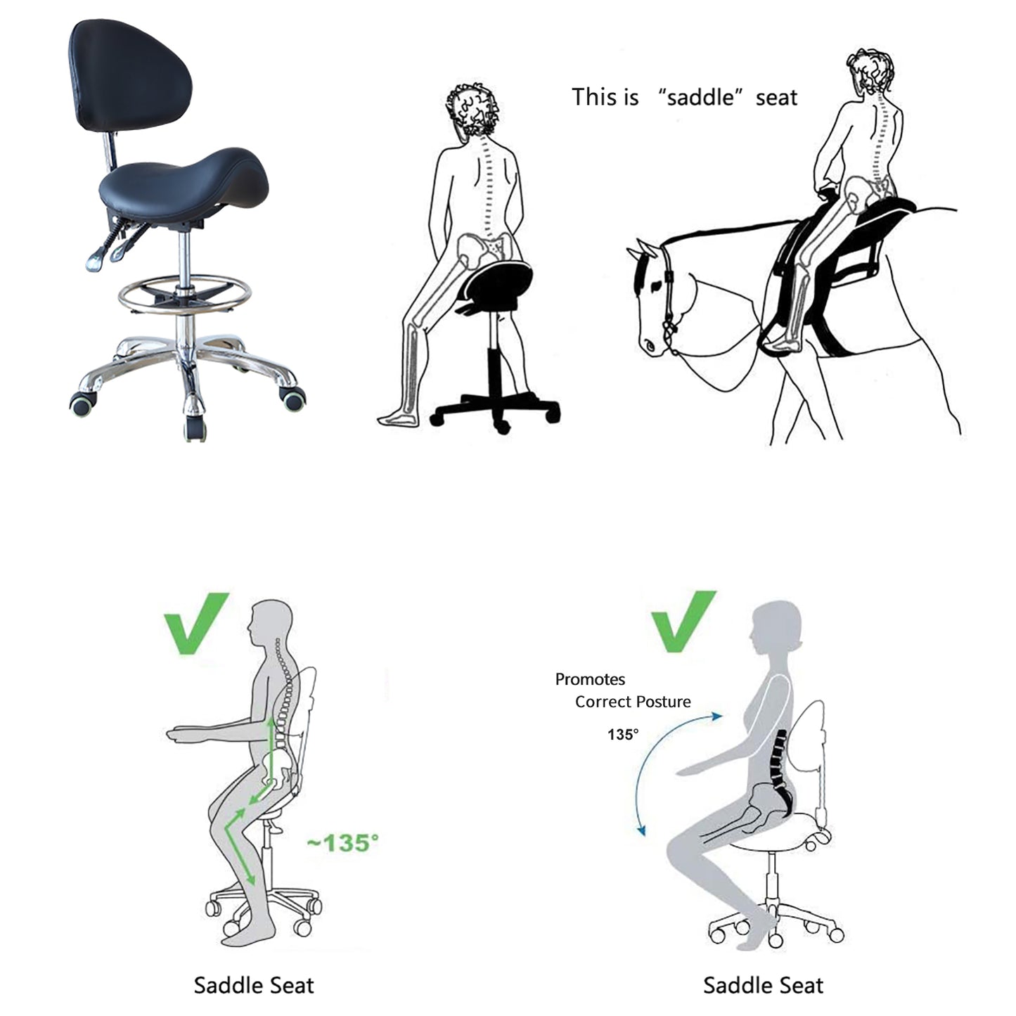 Saddle Stool Rolling Chair with Back Support Ergonomic Seat Hydraulic Adjustable with Footrest